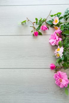 light wooden background with bright pink roses .