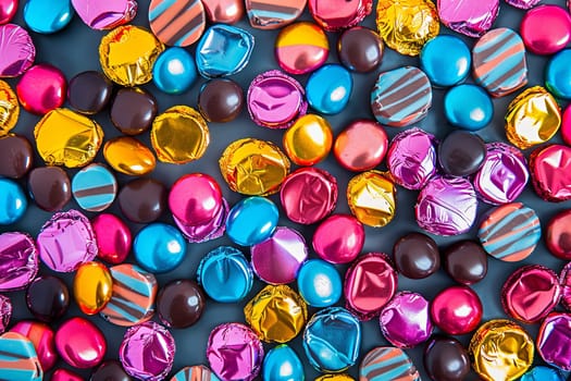 Close up of vibrant assorted chocolate candies with shiny wrappers.