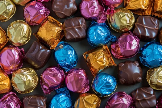 A stack of assorted chocolate candies in vibrant colors with shiny wrappers piled on top of each other.