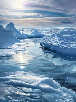 Multiple icebergs drift atop the cold Arctic ocean, showcasing a stunning display of natural beauty and icy formations.
