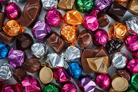 A heap of colorful assorted chocolates stacked on top of each other, showcasing their vibrant wrappers and exquisite details.
