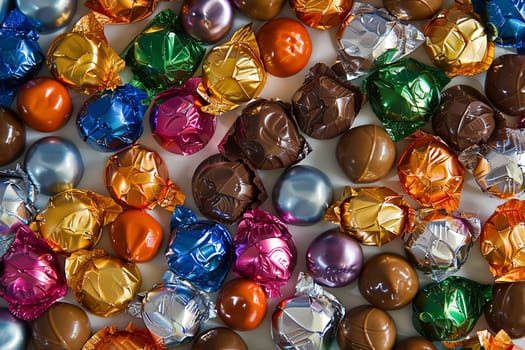 A variety of vibrant chocolate candies arranged in a heap on a tabletop, featuring shiny wrappers and high detail.