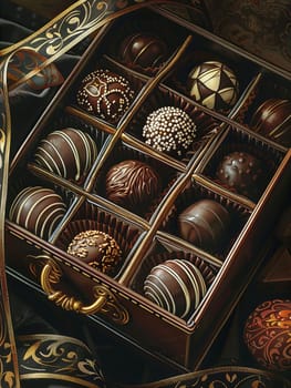 Detailed painting of an elegant box of chocolate truffles, adorned with ribbons, rich dark colors, and luxurious presentation.