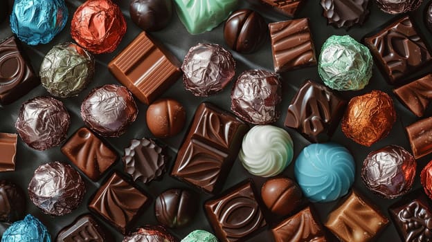 Assorted chocolates in vibrant colors and shiny wrappers spread out on a table.