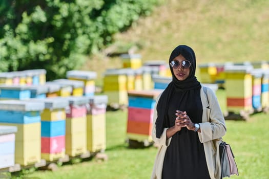 African American Muslim woman in hijab explores natural bee farms for honey production, blending tradition with sustainability in the serene countryside.