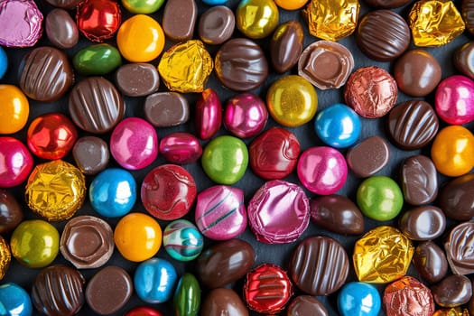 A variety of colorful chocolate candies stacked on top of each other, featuring vibrant colors and shiny wrappers.