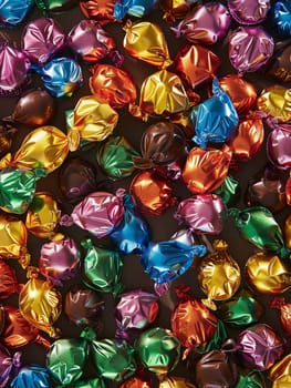 Colorful chocolate candies with shiny wrappers spread out on a table, displaying a variety of vibrant colors and high detail.