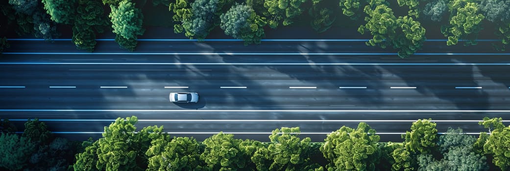 Aerial view of a car driving down a long highway surrounded by lush green forest.
