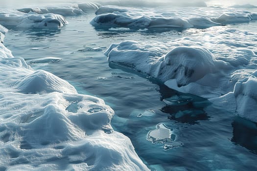 Numerous icebergs drift on the Arctic ocean, showcasing the cold, pristine beauty of the North Pole.