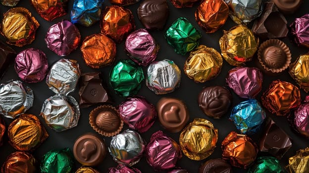 Assorted colorful chocolate candies piled high on a table, vibrant colors and shiny wrappers.