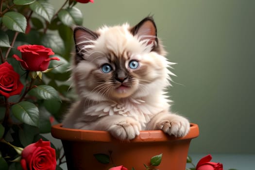 beautiful Ragdoll kitten sitting in a pot of roses .