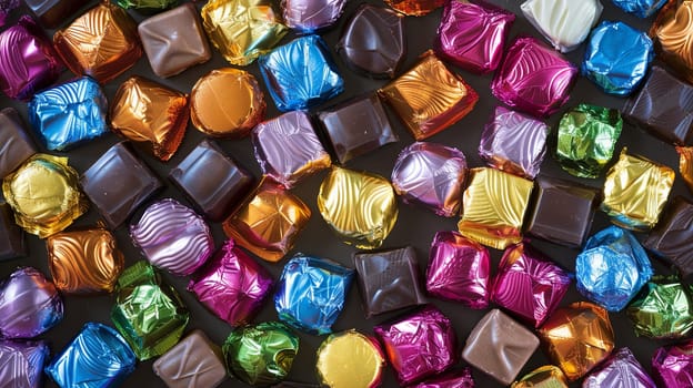 Various colorful chocolates spread out on a table, displaying vibrant colors and shiny wrappers.