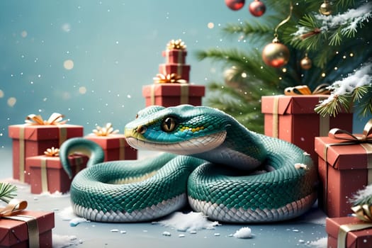 New Year snake with gifts under the Christmas tree, New Year card .