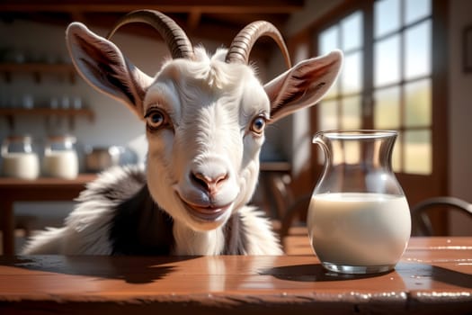 cute goat looking at fresh milk in a glass .