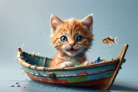 cute kitten in a boat on the sea with fish .