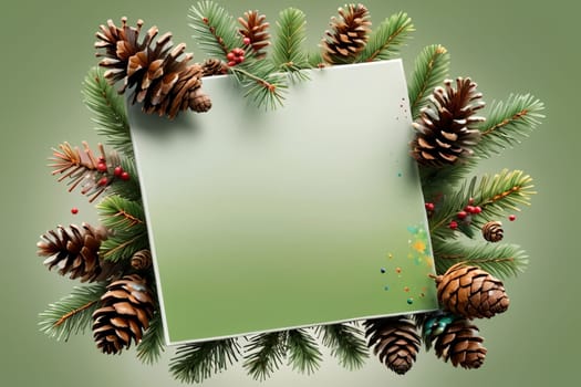 background of Christmas tree branches with pine cones .