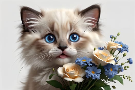 Cute kitten with a large bouquet of flowers .