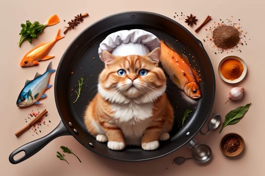 professional cat chef cooking fish, top view .