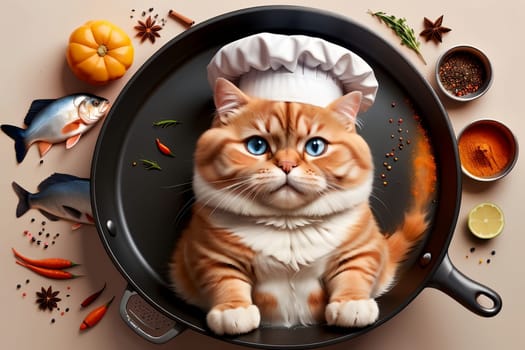 professional cat chef cooking fish, top view .