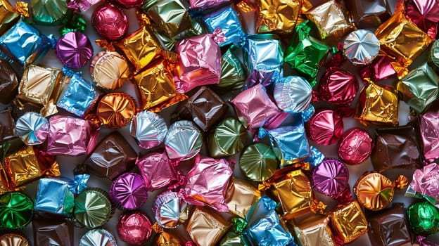Colorful assortment of chocolate candies wrapped in shiny foil in a scattered pile.