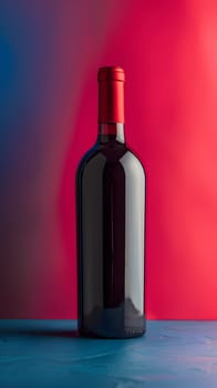 A magenta wine bottle sits elegantly on an electric blue table, ready to be opened and enjoyed. The glass bottle is filled with delicious red liquid waiting to be poured into drinkware