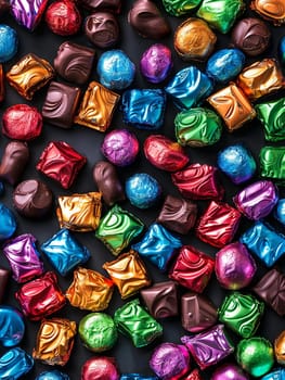 A pile of assorted, vibrant chocolate candies with shiny wrappers sitting on a table.