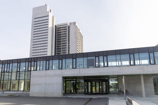 Tall modern hospital building in Herlev, Denmark. Healthcare concept.