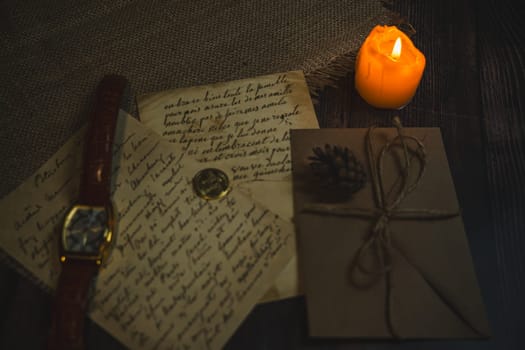 An antique envelope and a letter on the table. High quality photo