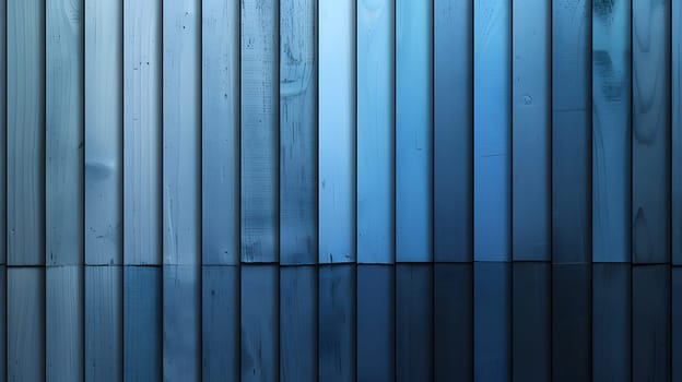 A close up of a parallel patterned electric blue metal mesh fence, with tints and shades resembling the sky, creating a rectangular glasslike illusion in the background