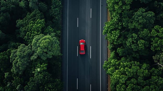 A red car is seen cruising down a long highway flanked by lush green trees.