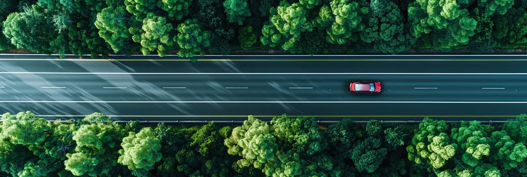 A car moves along a forested road, surrounded by lush green trees under a clear sky.