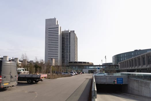 Tall modern hospital building in Herlev, Denmark. Healthcare concept. Herlev, Denmark - April 1, 2024