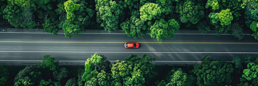 A red car is seen driving down a road surrounded by dense trees in a forest.