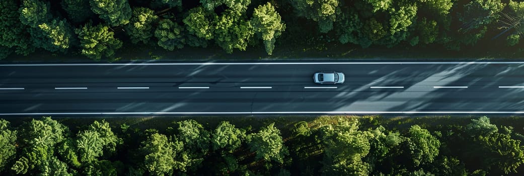 A car drives along a road surrounded by tall trees in a lush green forest.