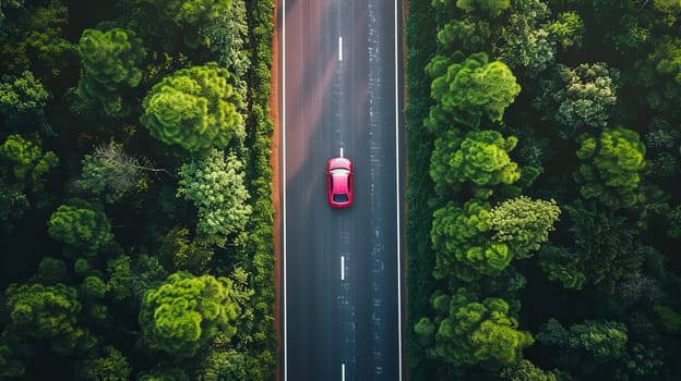 Red car driving down a road, seen from above. Green forest on the sides of the highway.