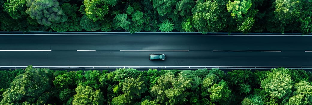 A car is seen driving down a road surrounded by trees in a lush green forest.