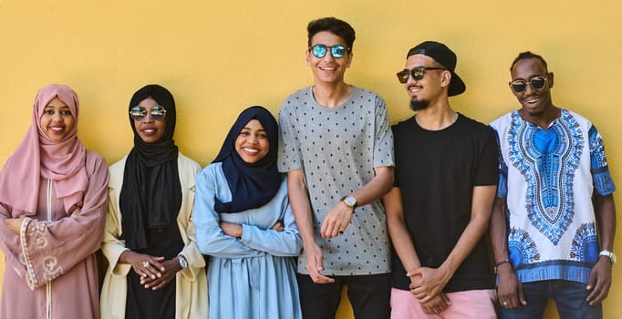 A diverse group of African-American and Middle Eastern teenagers stand confidently in front of a vibrant yellow wall, showcasing unity and urban style