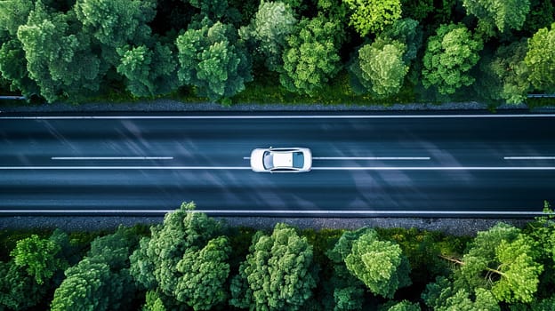 A car drives down a road surrounded by lush green trees in a forest.