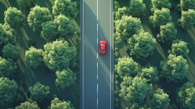 A red car drives down a long highway road through green forest in a birds eye view.