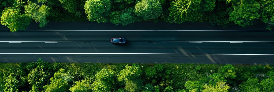 Birds eye view of a car driving on a long highway road surrounded by lush green trees in a forest.