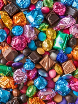 A variety of bright, colorful chocolate candies stacked on top of each other with shiny wrappers.