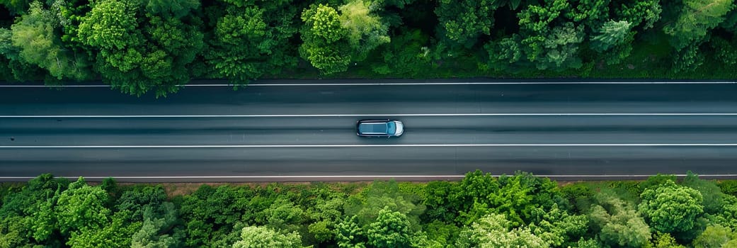 A single car speeds down a long highway surrounded by lush green trees.