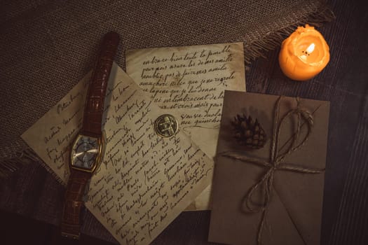 An antique envelope and a letter on the table. High quality photo