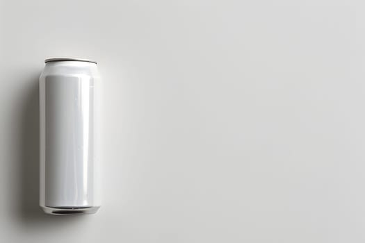 A white aluminum can of soda is resting on a white table, containing liquid gas inside the cylindershaped drinkware