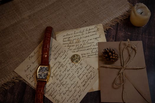 An antique envelope and a letter on the table. High quality photo