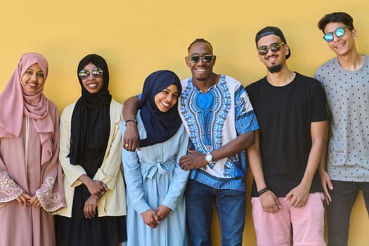 A diverse group of African-American and Middle Eastern teenagers stand confidently in front of a vibrant yellow wall, showcasing unity and urban style