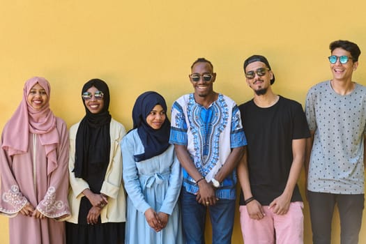 A diverse group of African-American and Middle Eastern teenagers stand confidently in front of a vibrant yellow wall, showcasing unity and urban style