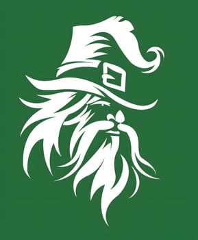 A white silhouette of a leprechaun with a beard and hat on a green background, perfect for use as a logo, emblem, or automotive decal. This symbol can be used in various graphics and branding designs