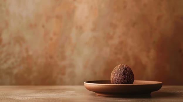 Artisanal Chocolate Truffles on Rustic Plate with Copy Space for Text.