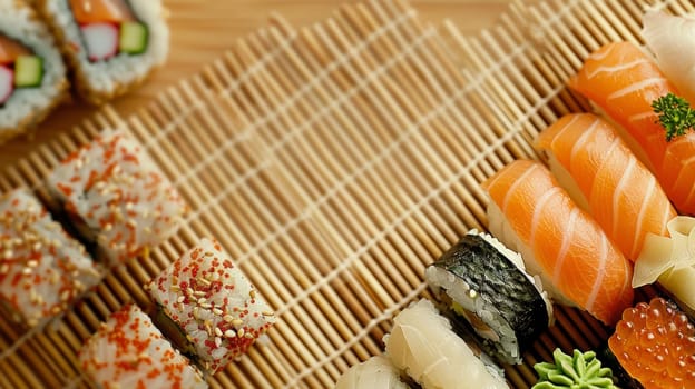 Vibrant Sushi Platter on Bamboo Mat with Copy Space for Text.